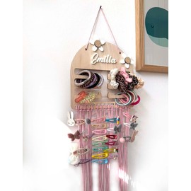 Personalisierter Haarspangenhalter aus Holz – Eleganter Aufbewahrungsständer für Haarspangen, Haargummis und Schleifen, individuell mit Namen und Blumen gestaltet, ideales Geschenk für Mädchen