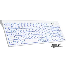 SABLUTE Wireless Keyboard with 7 Colored Backlits, Rechargeable Silent Compact Cordless Computer Keyboard with Low Profile Quiet Light Up Keys for Windows, PC, Linux, Chrome, Mac (White)