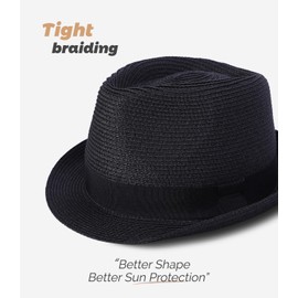 Creekstone Straw Fedora Sun Hat for Women Men Short Brim Panama Trilby Beach Hat Packable Summer Hat UPF 50+ (CA/US, Alpha, Large, Black)