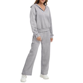 REORIA Women's Cotton Two-Piece Large Lapel V-Neck Jogging Suit Long Sleeve Tracksuit Leisure Suit Sport Set Lounge Set, gray