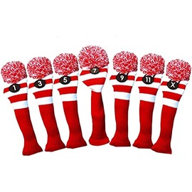 Majek Golf Club 1 3 5 7 9 11 X White and Red Limited Edition Driver and Fairway Wood Head Covers Fits 460cc Drivers Tour Knit Retro Vintage Pom Classic Long Neck Metal Longneck Woods Headcovers