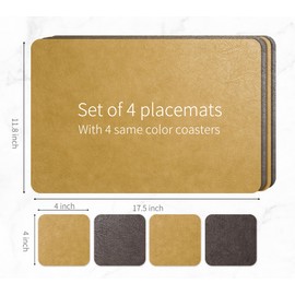 RENMTURE Faux Leather Dual-face and Dual Color Placemats Set of 4,with 4 Cup mat,Washable, for Kitchen Dining Table,Restaurant,Coffee Shop(Ginger Yellow/Tea Brown, Rectangle)