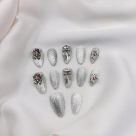 CAPTAIN CAT Handmade Press on Nails Almond Medium 3D Flower Design Reusable Fake Nail Kit With Nail Glue for Women's 10pcs (Silver Galaxy, S)