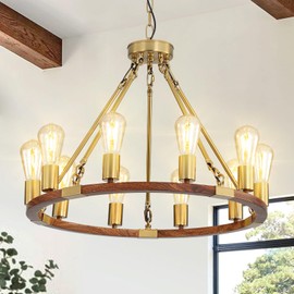 Wagon Wheel Chandelier Gold 10-Light Farmhouse Pendant Light Wood Grain Finished Round, 24" Hanging Ceiling Light Fixture for Dining Room Foyer