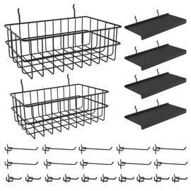 SSNEWOG 26PCS Peg Board Organizer Accessories Kit, Assortment 2PCS Wire Baskets, 4PCS Shelves, 20PCS Hooks for 1/4” and 3/16” Pegboards, Pegboard Accessory for Garage, Craft, Workbench