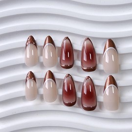 Brown French Tip Press On Nails Almond Medium Brown Fake Nails with 3D Line Design Fall False Nails Press On Cute Winter Artificial Acrylic Glue On Nails Stick On Nails for Women Girls French Manicure