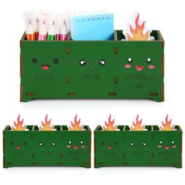 Weysat 3 Set Dumpster Fire Pencil Holder with Flame Note Cards 3 Compartments Desk Holder 7.87 Inch Office Cute Funny Accessories Decor for Coworkers Teacher