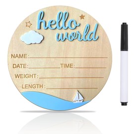 Baby Announcement Sign, 5.9 Inch Wooden Hello World Newborn Signs, Birth Announcement Sign and Pen, Clouds and Sailboats Decoration, Welcome Newborn Arrival to World, Hospital Nursery for Baby (Blue)