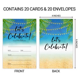 ZYQFN 20 Lets Celebrate Beach Party Invitations, Summer Beach Theme Invite Cards with Envelopes, 4x6 Inch Fun Invites for Adult Kid Birthday Anniversary. (087)
