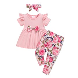 2-3T Toddler Baby Girl Clothes Spring Outfits Clothing Infant Ruffle Top Cute Pants+Headband Summer Clothes Sets for Girls Pink+Floral
