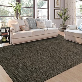 ROYHOME Area Rug 10x13 Extra Large Rug Machine Washable Rug for Bedroom Print Braided Accent Rug Stain Resistant Non-Slip Carpet Farmhouse Solid Printed Textured Floor Cover for Home Decor, Brown