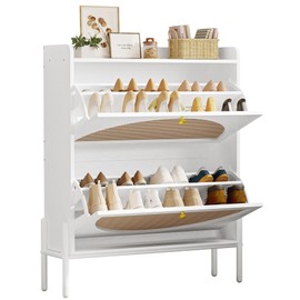 IRONCK Shoe Cabinet Storage with 2 Flip Drawers, Free Standing Wooden Shoe Storage Organizer Cabinet with Rattan Doors for Entryway, Narrow Shoe Rack Cabinet, White