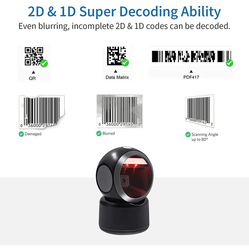Symcode 1D 2D QR Desktop Barcode Scanner, Omnidirectional Hands-Free Automatic