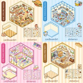 DIY 3D Sticker Therapy Scenes Kit - Build Kawaii House, Capybara Fast Food Shop, Bear Bakery .Reusable Cartoon Scene Stickers for Stress Relief, Family Bonding, Creative Play (4 Sets) (TZ-Style 2)