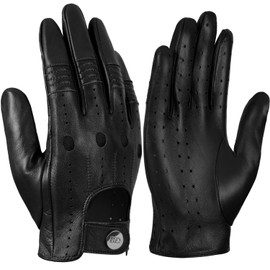 GSG SINCE 1998 Men's Leather Gloves Made of Sheepskin Leather - Touchscreen Driving Gloves, Unlined, Breathable for Car, Motorcycle & Outdoor M210611, Black (palm holes), M