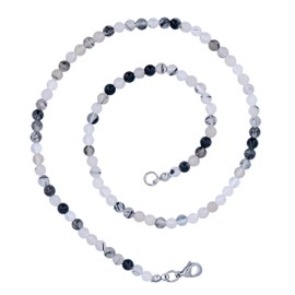Taddart Minerals - Black and White Natural Gemstone Tourmaline Quartz Necklace with 4 mm Balls and 45 cm Length - Handmade, Tourmaline Quartz