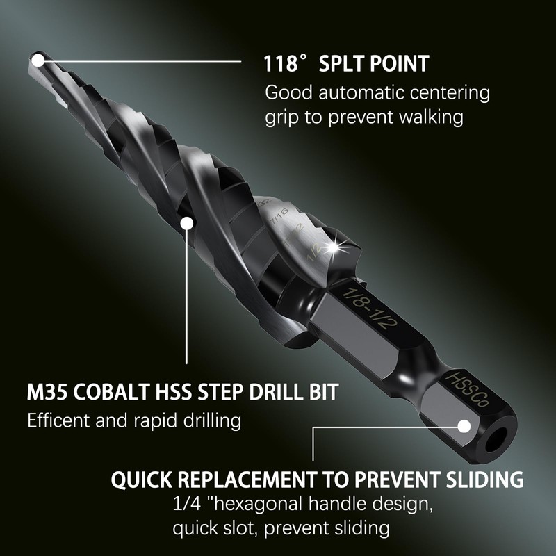 ENBMEI M35 Cobalt Step Drill Bit - 1/8" to 1/2"