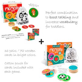 Cottify 2-Pack Wooden Memory Matching Game for Toddlers for Toddlers 3-5 Years, Durable, Toddler Memory Game for Kids 3 and up, Toddler Matching Toy, First Words and Animals, 72 Cards