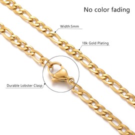 Figaro Chain Necklace for Men Women Cuban Link Chain Gold Plated Necklace Stainless Steel Chain Gifts for Boys Men Women 5mm in Width 18inches