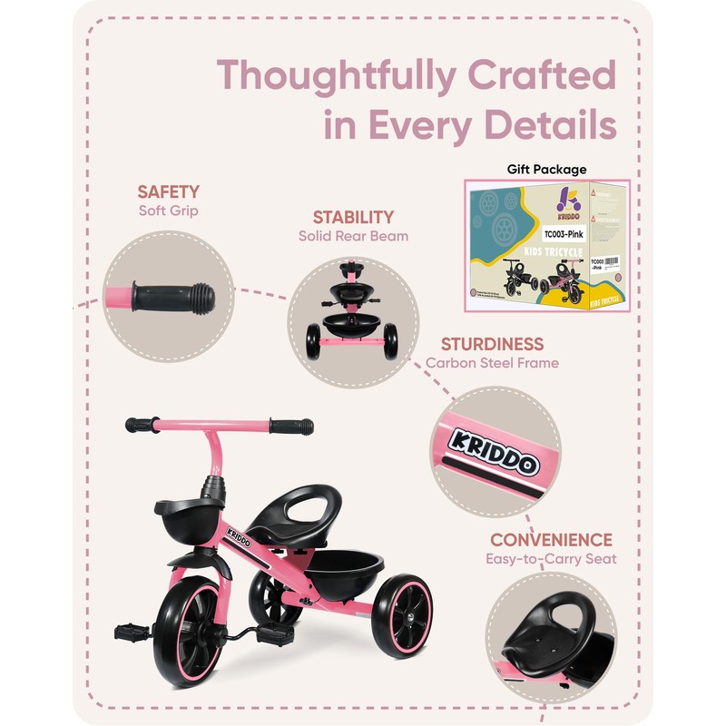 KRIDDO Tricycle for 2-5 Year Olds - Pink Toddler Trike