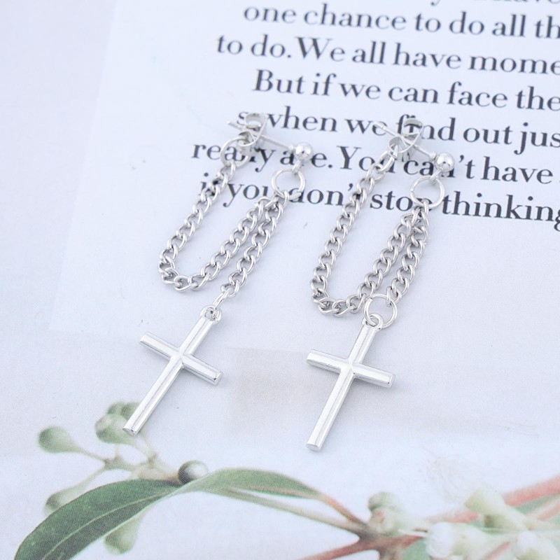 TseenYi Cross Dangle Drop Chain Earrings Silver Chain Drop Cross