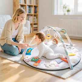 Montessori Baby Play Gym & Activity Mat for Brain Development (0-12Mo) | 5-Sensory Zones + 5 Toys |Portability Tummy Time Activity Mat Stage-Based for Newborn Brain Development Essential & Gift-Ready