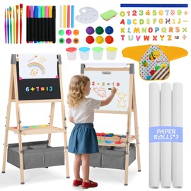 Kinder King 3 in 1 Wooden Kids Easel, Adjustable Double-Sided Art Easel for Kids, Magnetic Whiteboard & Chalkboard, Paper Roller, Art Supplies, Painting Drawing Easel Toddler Gift Ages 3+, Grey
