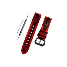 NICKSTON Red and Black Skull Crossbones Band Compatible with Pebble 2, 2 SE, Time, Time Steel, and Classic Smartwatches Embossed Brushed Genuine Leather Strap Pins Tool B22 (2. Silver Color Smooth Buckle)