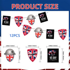 VE Day 80th Anniversary Banner Decorations, 2025 80 Years VE Day Bunting for Garden Indoor Outdoor Party Decor -12pcs