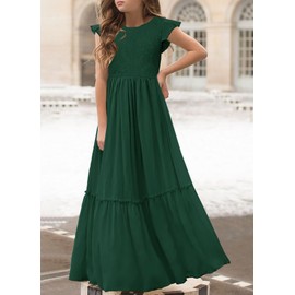 MITILLY Girls Lace Flower Ruffle Sleeve A-Line Swing Wedding Party Long Maxi Dress with Pockets 10 Years Dark Green