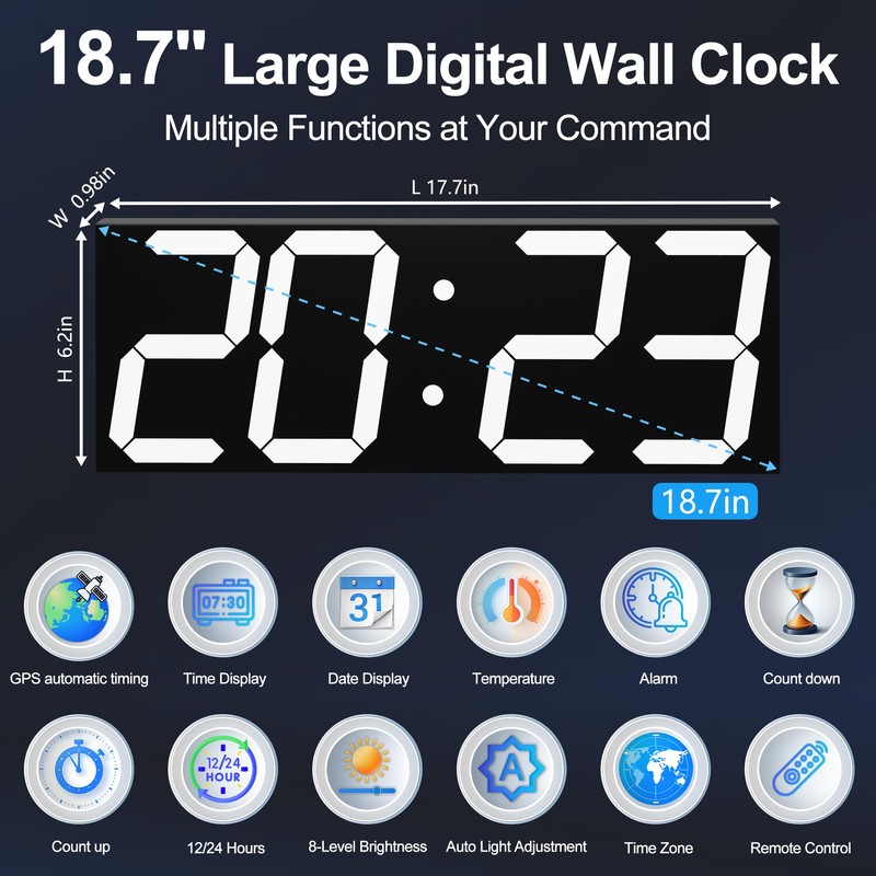 CHKOSDA Digital Clock with Large Display 18.7 Inch, GPS Auto-Sync