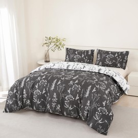 Jemiipee Bed Linen 135 x 200 cm White Anthracite Bed Linen Set with Floral Pattern Duvet Cover 135 x 200 cm Pillowcase 80 x 80 cm Duvet Cover Reversible Bed Linen Soft with Zip