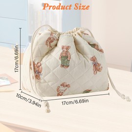 Cotton Quilted Drawstring Makeup Bag with Canvas Lining Portable Coquette Aesthetic Cute Bear Travel Toiletry Bag for Women Ladies Girls Travel Accessories