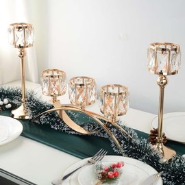 Portavelas de cristal de 3 brazos, candelabros de mesa con arco para centros de mesa de boda, comedor, adornos de gabinete, decoración del hogar, regalo (Set de 3 brazos con arco, dorado)