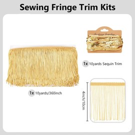WEBEEDY 10 Yards/9m Gold Fringe Trim 4 Inch Wide Polyester Tassel Fringe Sewing Trim Sequin Tassels Sewing Trim with Glue for Crafts Clothes Curtain Wedding Dress Sofa Lamp Shade Embellishment