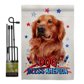 Breeze Decor Patriotic Red Golden Retriever Garden Flag Set with Stand Animals Dog Puppy Spoiled Paw Canine Fur Pet Nature Farm Animal Creature Small Gift Yard House Banner Made in USA 13 X 18.5