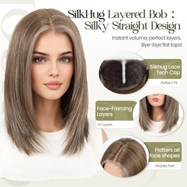 SilkHug - Peluca de cabello humano, mezcla de encaje frontal, pelucas sin pegamento para mujeres con cabello fino en capas de 14 pulgadas, 13 x 5 x 1 