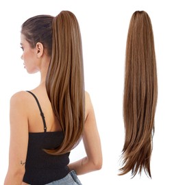 Ponytail Extensions,Hair Extension Ponytail 22" Long Claw Hair Extension Synthetic Wavy Straight Hairpieces Ponytail Clip in Ponytail Wig Daily Fluffy Pony Tail for Women,4.8 OZ,Brown