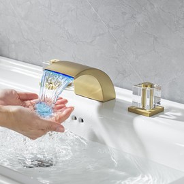 HAMOLER 8 Inch 3 Hole Waterfall Bathroom Sink Faucet with Dual Crystal Handle Lavatory Vanity Faucets Crystal Sink Faucet Waterfall Basin Mixer Tap, Brushed Gold