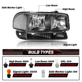 Bingbingmotor BRYGHT 4PCS Headlight Assembly for 1999-2006 GMC Sierra 1500 2500HD 3500HD Front Light 99-06 Yukon 00-06 Yukon XL 1500 2500 Replacement Pair Set Black & Clear 【NOT Fit Denali Model】