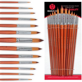 DUGATO Professional Artist Round Paint Brush Set (13pc) - Long Handle Round Pointed Tip, Anti-Shedding Nylon for Watercolor, Acrylic, Oil, Gouache, Ink & Tempera