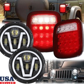 Unbranded For 1996-2006 Jeep Wrangler 7" LED Headlight + Tail Light Brake Light Kit Combo