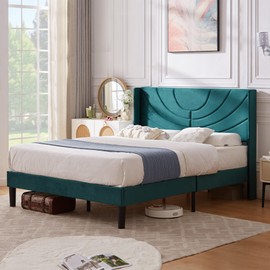VECELO Queen Size Bed Frame Upholstered Platform Bed Frame with Fabric Headboard,Wooden Slats Support/No Box Spring Needed/Mattress Foundation,Dark Green