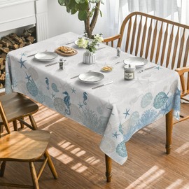 Horaldaily Summer Tablecloth 60×104 Inch Rectangular, Sealife Hippocampus Starfish Seaweed Conch Blue Washable Seasonal Table Cover for Party Picnic Dinner Decor