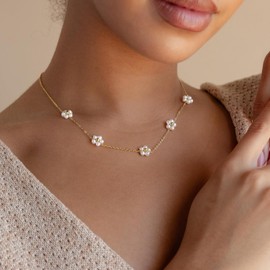 HANLI Pearl Necklaces for Women - Dainty Flower Pearl Necklace 14K Gold Plated Choker Simple Faux Everyday