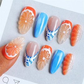 24 Pcs French Tip Press on Nails Long Almond Fake Nails Blue Orange RIICFDD False Nails with 3D Orange Pattern Design Glue on Nails Full Cover Reusable Stick on Nails for Women Summer Nails