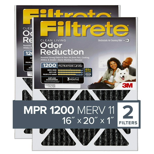 Filtrete 16x20x1, AC Furnace Air Filter, MPR 1200, Allergen Defense Odor Reduction, 2-Pack (exact dimensions 15.719 x 19.719 x 0.84)