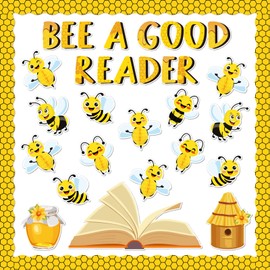JarThenaAMCS Bee Bulletin Board Decoration Set Bee A Good Reader Letter Cut-Outs Yellow Summer Bee Theme Honeycomb Ball Border Trims with Glue Points for DIY Party Office School Classroom Decor