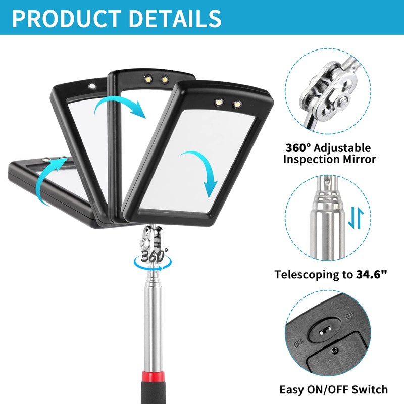 Rechabite 3 Pack Telescoping Inspection Mirrors LED Light & Magnet