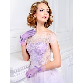 Bencailor Women Lace Gloves Party Wedding Gloves Bow Short Glove Evening Elegant Accessories Sun Protection Funeral(Purple,Lace Style)